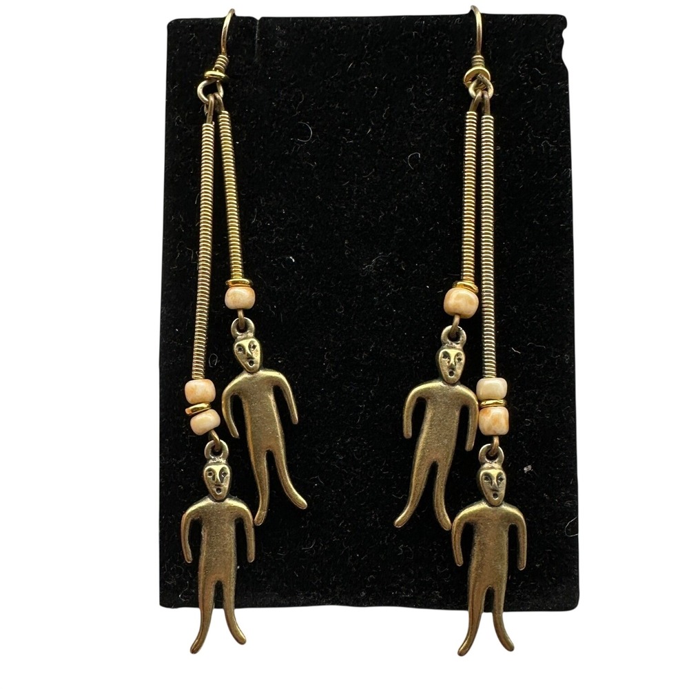 Vintage 80s 90s Brass Human Figure Dangle Earrings Laurel Burch Boho Jewelry KC
